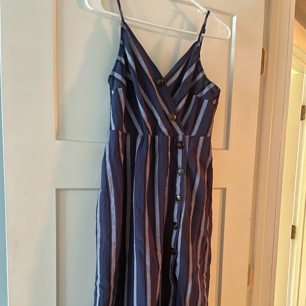 Blue black and white striped dress